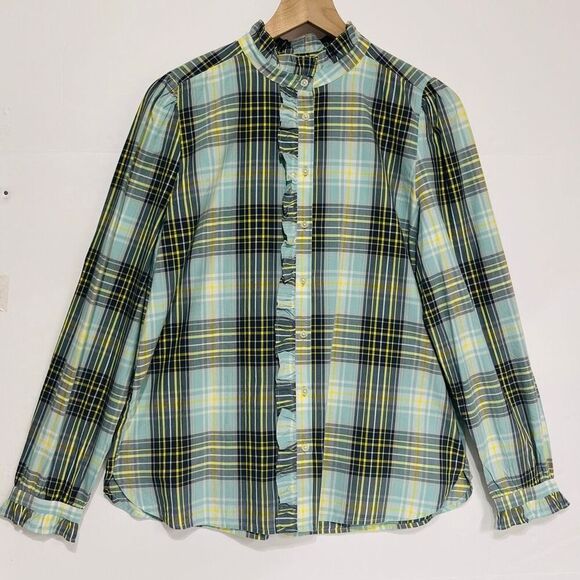 LOFT Tops - LOFT Plaid Ruffle Neck Long Sleeve Blouse Size M